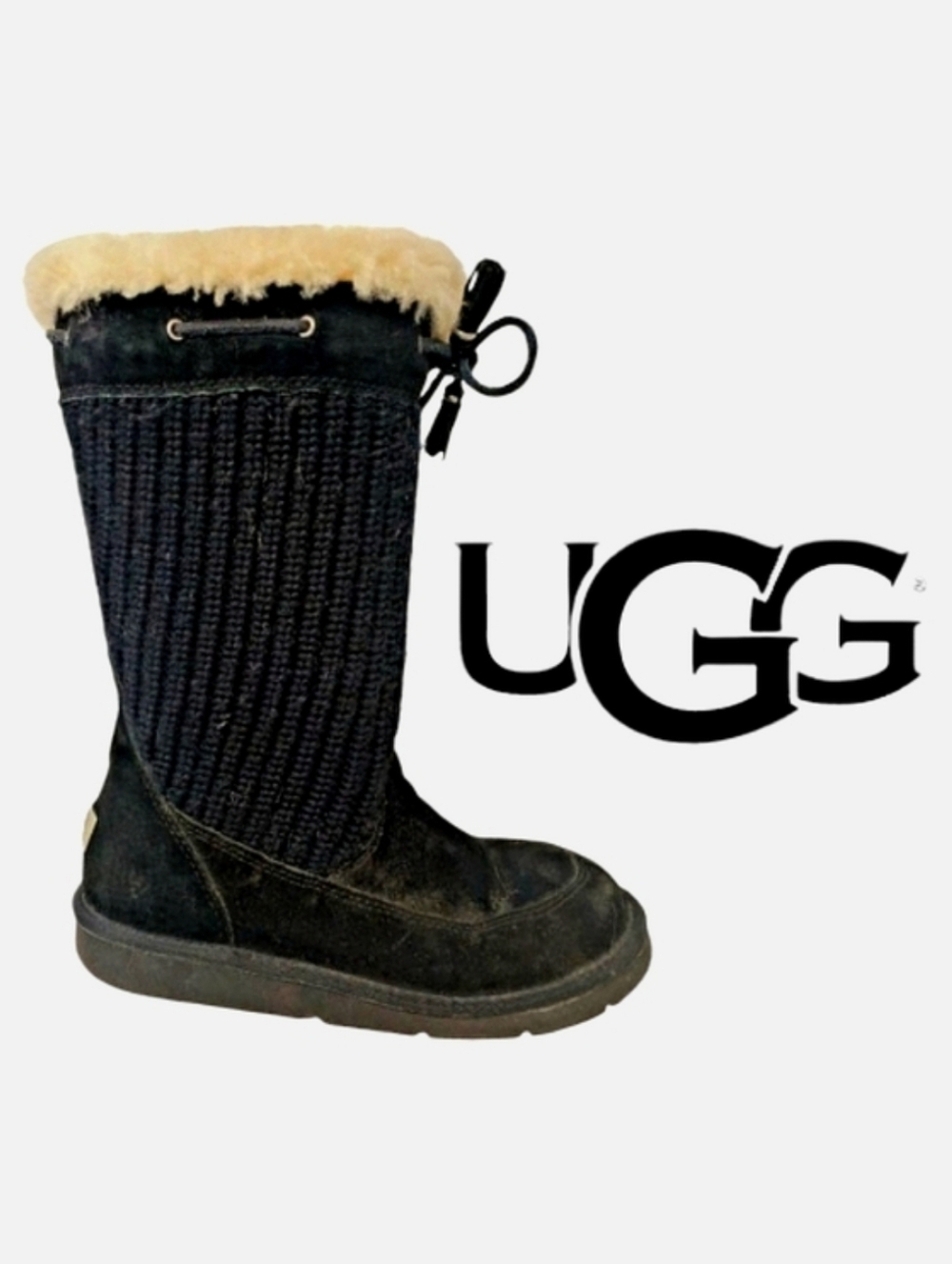 UGG Australia Black Suburb Boots in Leather & Cable Knit Size 7
